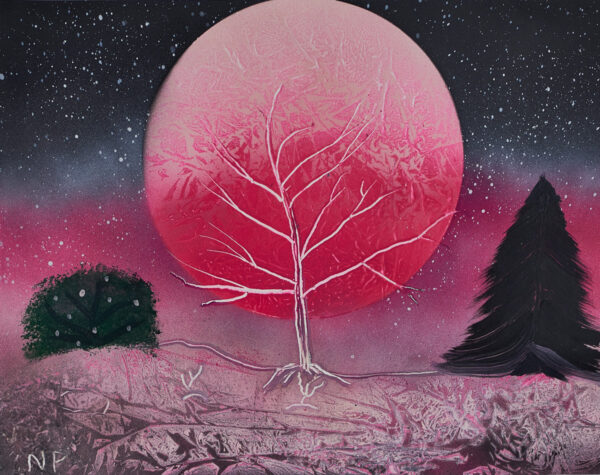 Cherry Drop Moon - a large pink moon over a beautiful pink landscape.