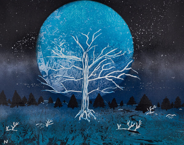 Desolation - Skeleton of a tree against a huge blue moon.
