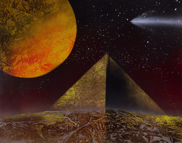Blood Stone - A spray painting of a large heavy planet hanging over a golden pyramid.