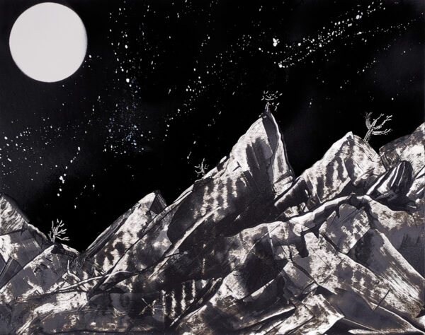 Hope Mountain - A black and white spray painting of steep mountains against a dark sky.