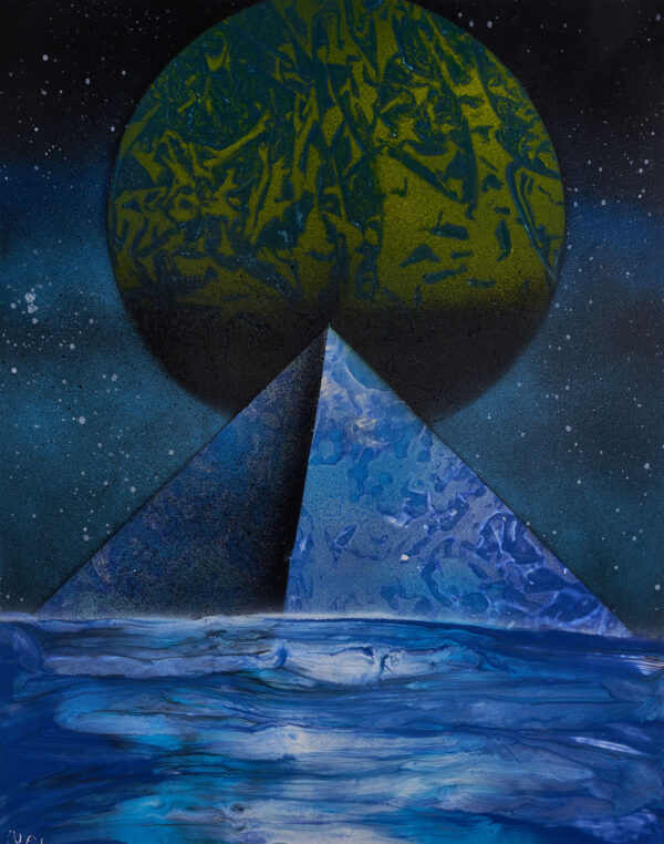 Ice Pyramid - A blue pyramid in front of a gold and green planet.