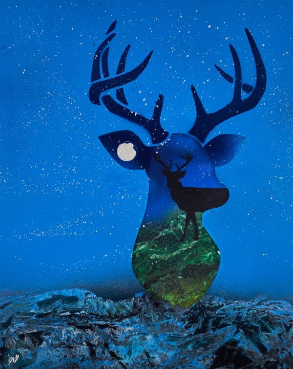Two Worlds - A deer reflected in the head of a deer silhouette at night.