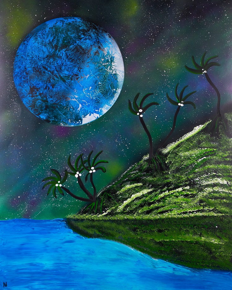 Waving Trees - A spray painting of an island covered in alien palm like trees with a blue planet in the background.